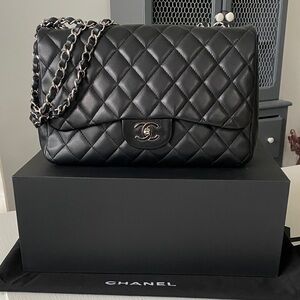 Chanel Black Jumbo Flap Lambskin Leather Silver Hardware Bag Full Set Like New